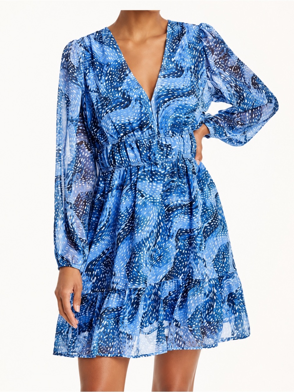 Bloomingdale’s Blue Printed Smocked Waist Flounce Dress NWT long sleevesSize Lrg